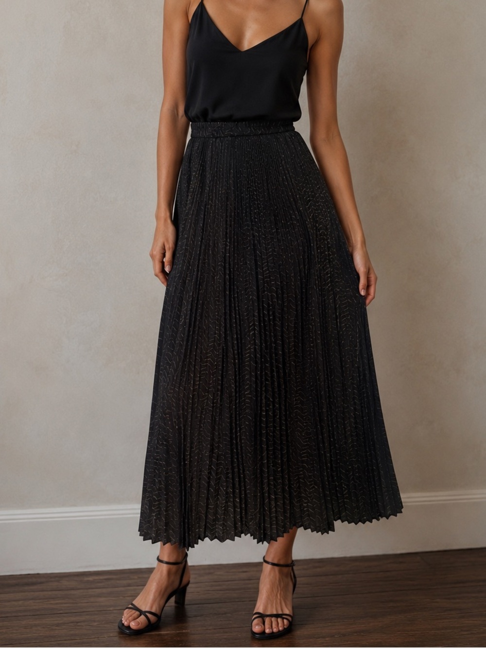 Jeanne Marc Black Gold Vintage accordion Plisse Pleated Maxi Skirt Sz 4/6 (XS)